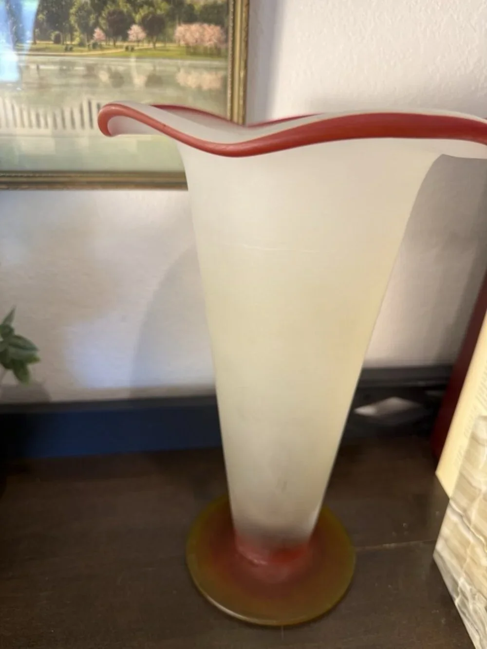Vintage Mid-Century Art Glass Handkerchief Vase – Frosted White Red Amber – 11”